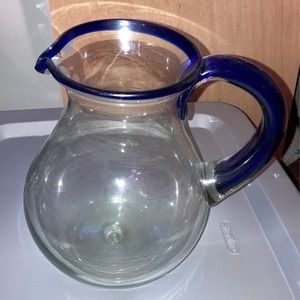 LARGE Mexican Clear Glass Pitcher w/Cobalt Blue Handle & Rim - Hand Blown